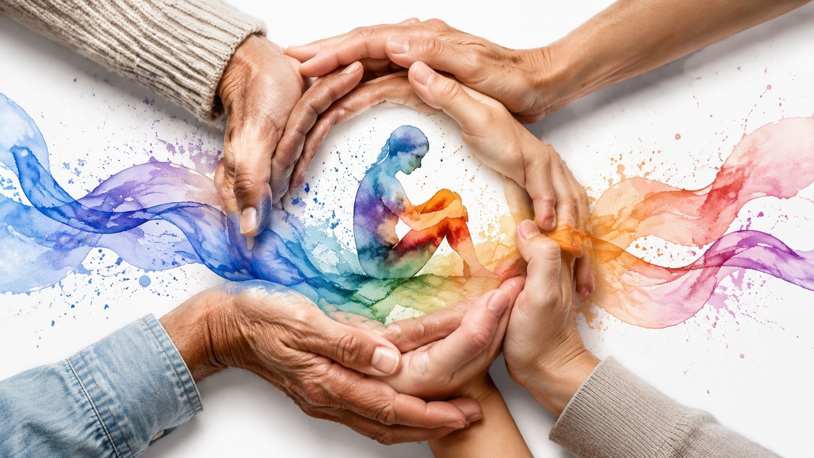 Multiple hands forming a protective circle around a watercolor illustration of a person sitting in contemplation.