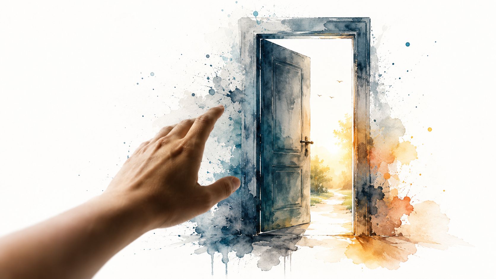 A person reaching out toward an open door leading to a bright, hopeful landscape with watercolor artistic effects.