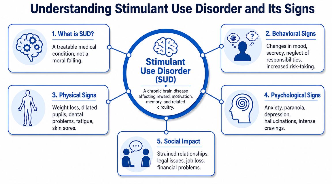 An infographic titled Understanding Stimulant Use Disorder outlining its definition, behavioral, physical, and psychological signs and social impacts.