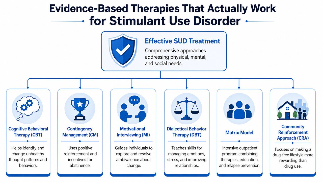 A diagram outlining six evidence-based therapies for stimulant use disorder treatment, including CBT, CM, MI, DBT, Matrix Model, and CRA.