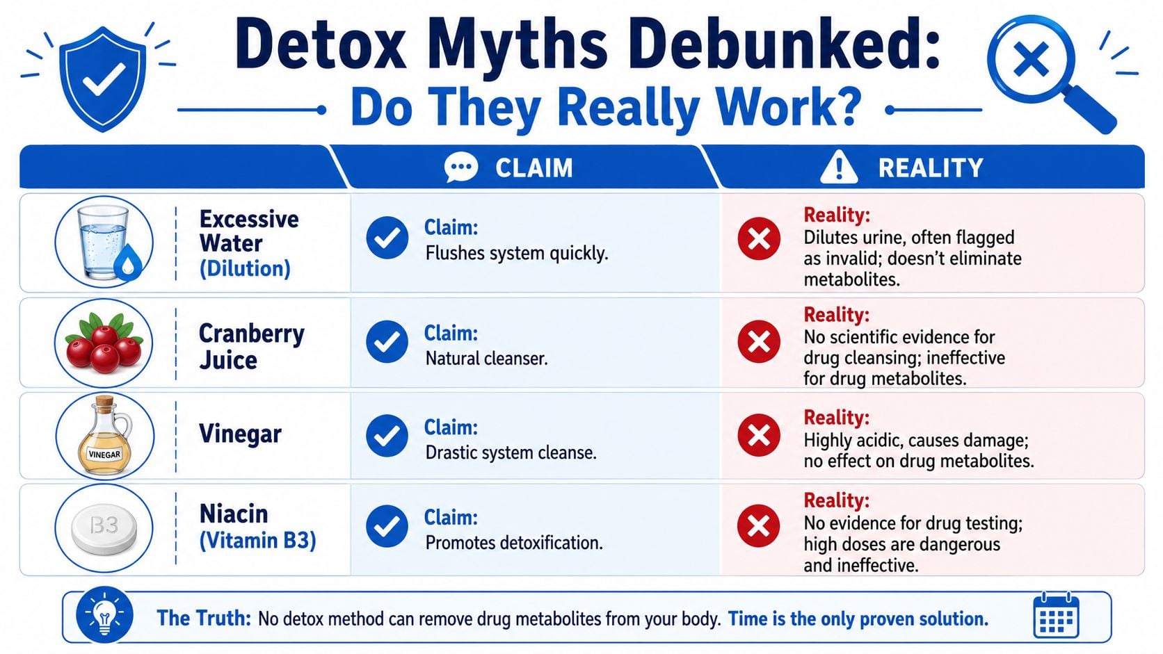 A chart debunking common myths about using household products to pass drug tests, explaining they are ineffective.