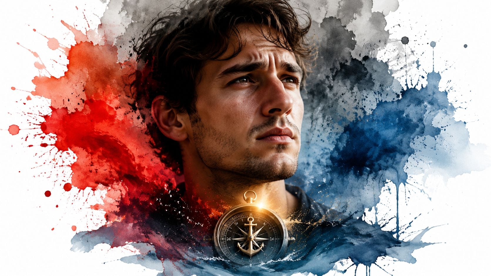A pensive young man gazing into the distance amidst a backdrop of vibrant red and blue watercolor splashes.