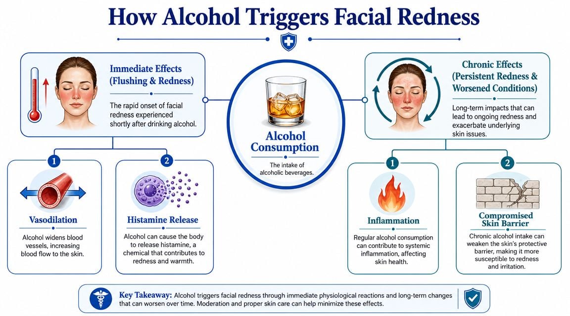 An infographic explaining the biological mechanisms by which alcohol consumption causes immediate and chronic facial redness.