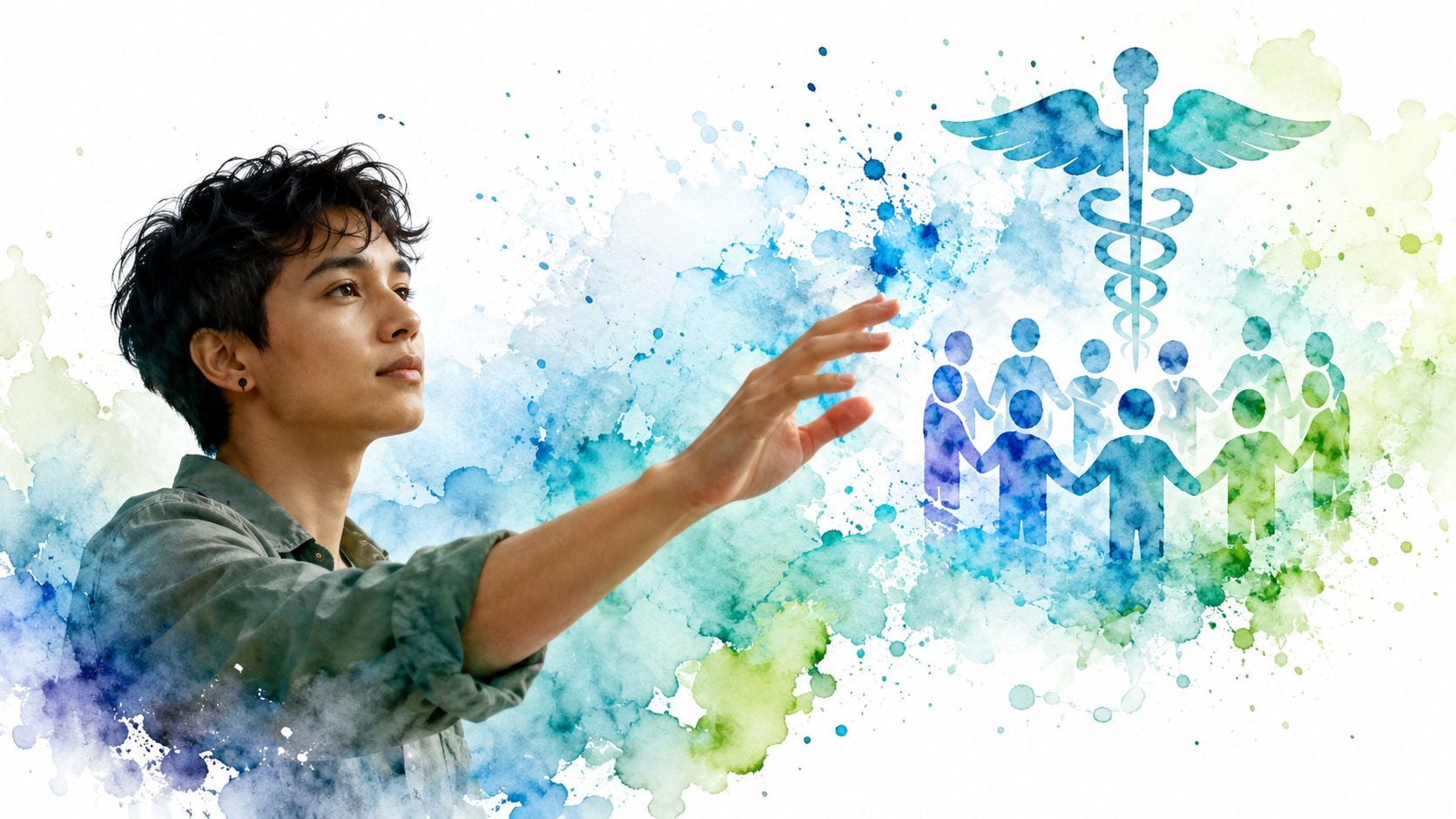 A young man reaching toward a digital representation of a medical symbol surrounded by figures holding hands.