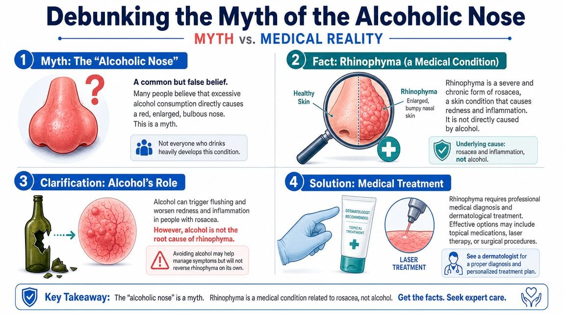 An infographic debunking the myth that alcohol causes a red, bulbous nose, explaining rhinophyma and rosacea instead.