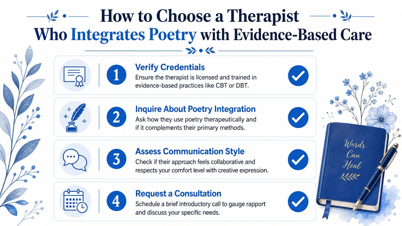 A checklist infographic outlining criteria for choosing a therapist who integrates poetry with evidence-based care for recovery.