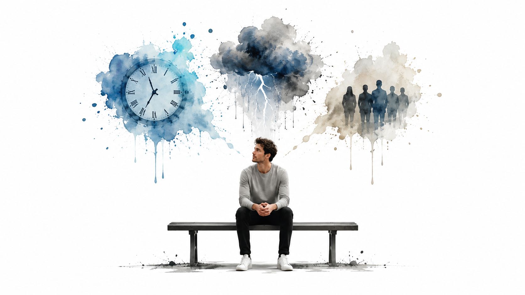 A young man sits on a bench contemplating time, stressful weather, and social expectations in this artistic illustration.