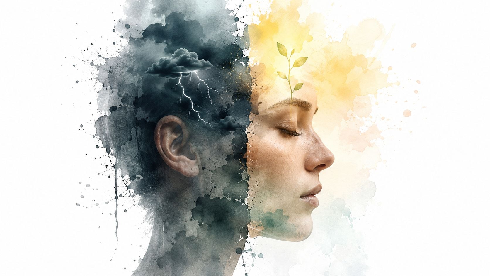 A artistic profile portrait showing a transition from a stormy, dark mind to a sunny, growth-oriented state.