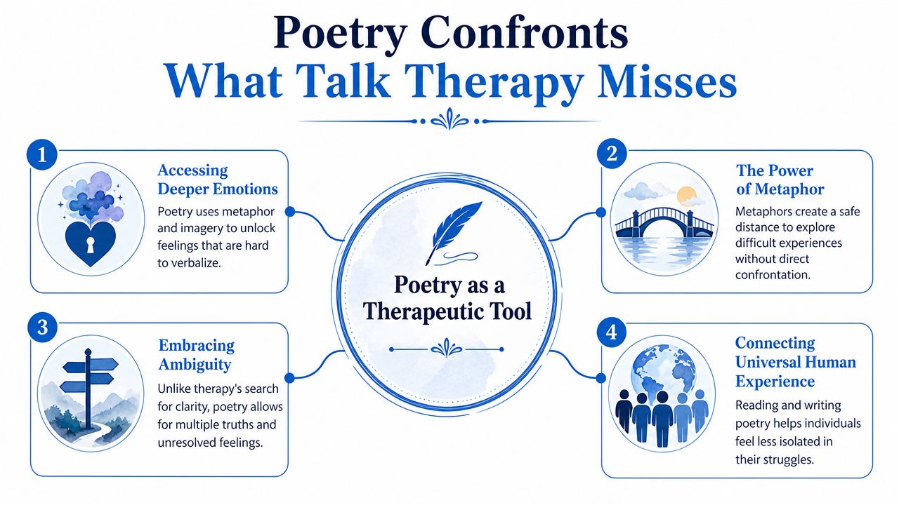 Concept map infographic showing how poetry aids in addiction recovery through emotional expression and trauma processing.