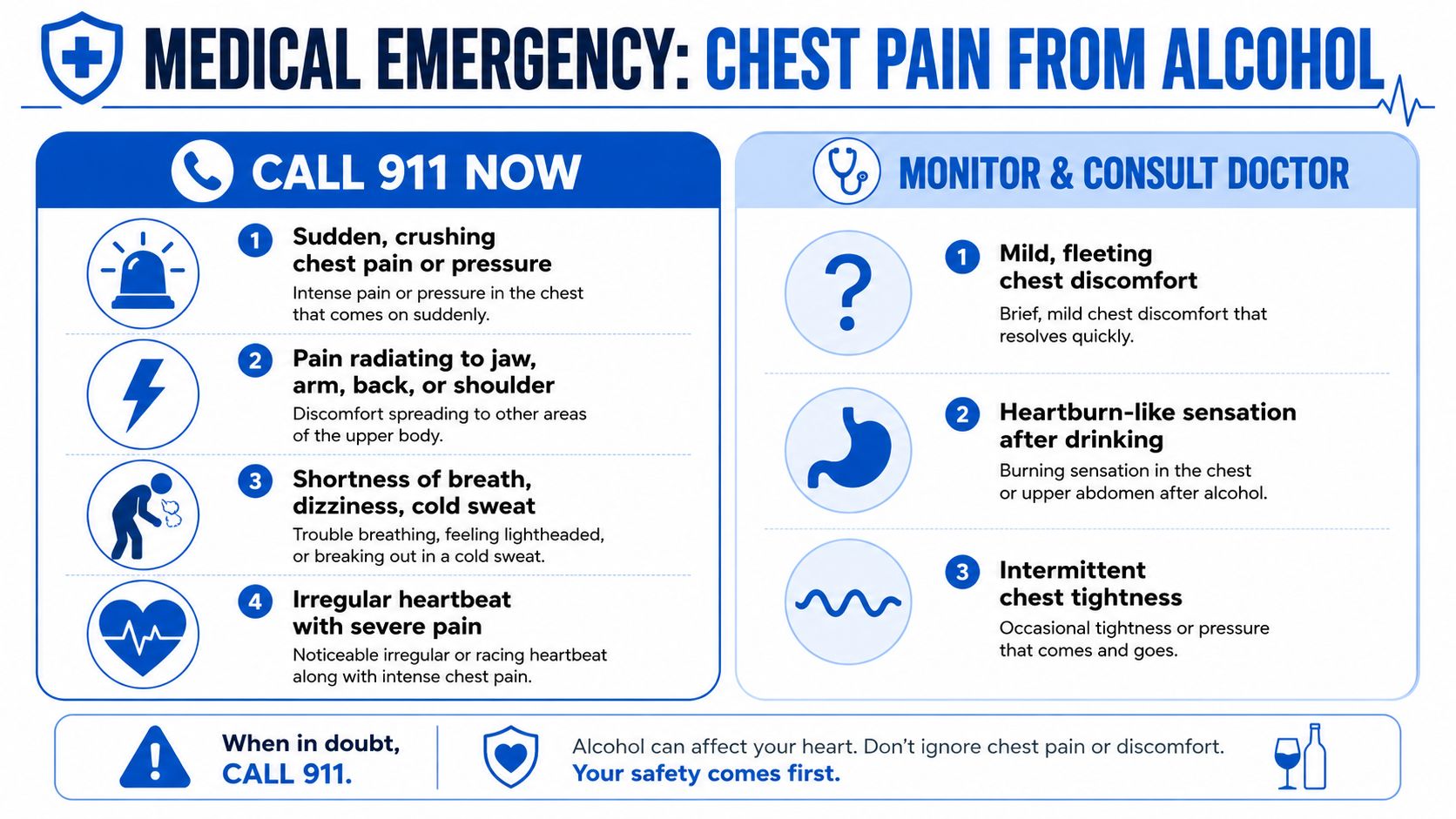 An infographic distinguishing between medical emergencies requiring 911 and symptoms that require monitoring and consulting a doctor.