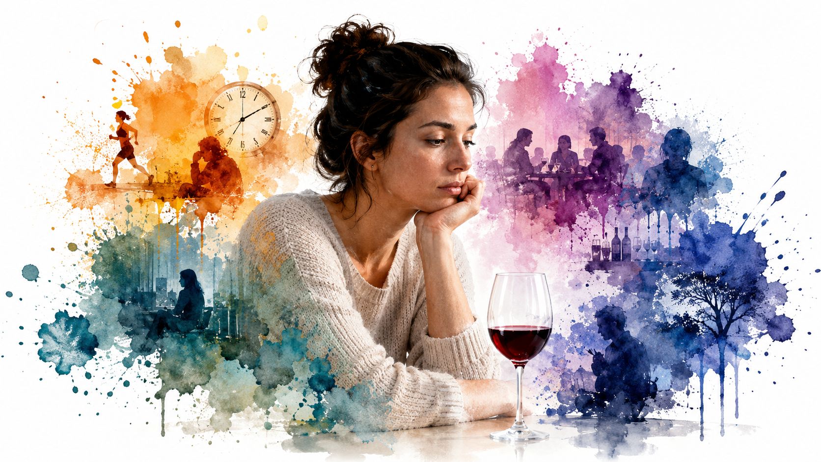 A pensive woman sits with a glass of red wine, surrounded by watercolor scenes depicting life reflections.