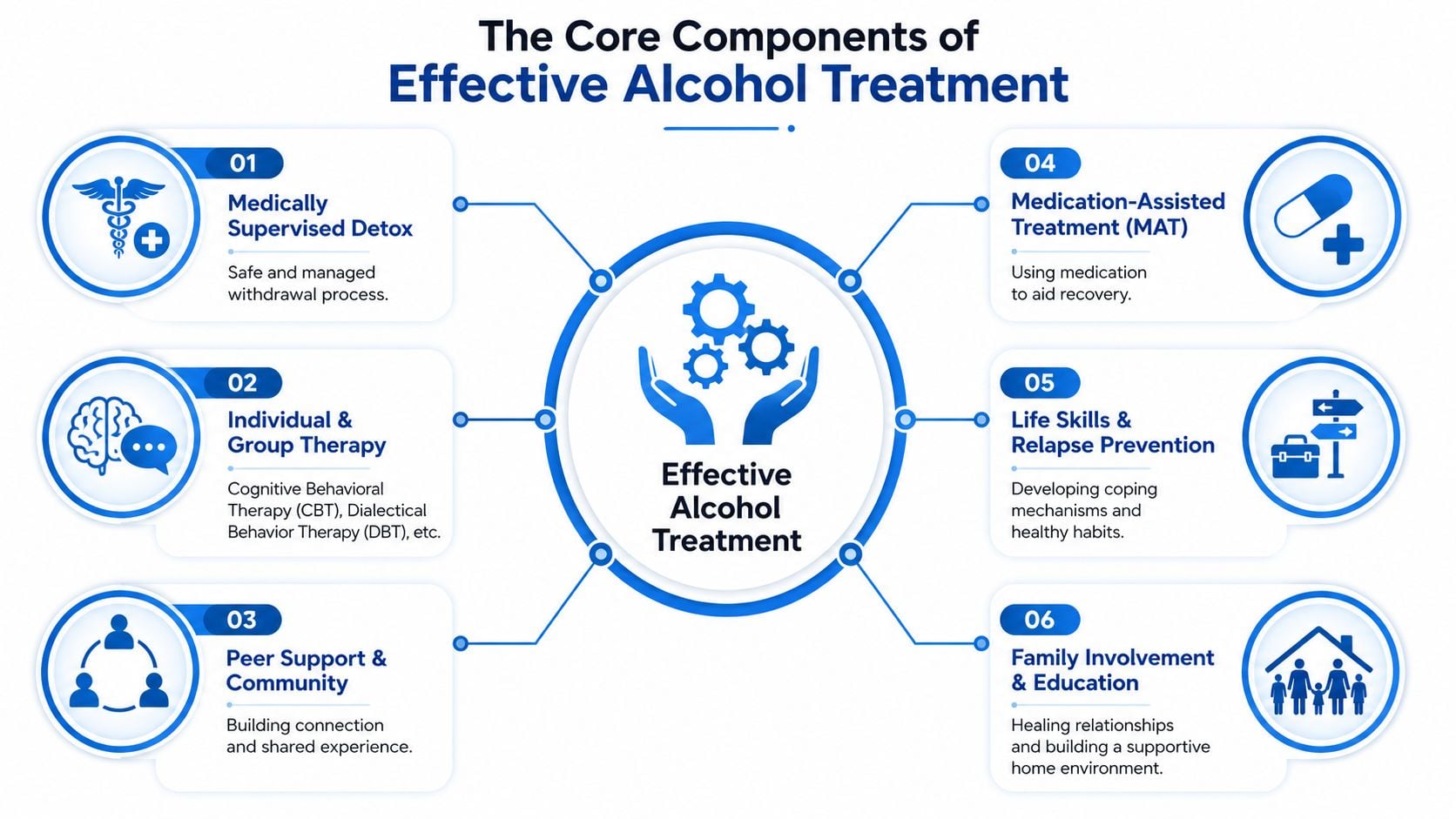 A diagram illustrating the six core components of an effective alcohol treatment program, including therapy and support.