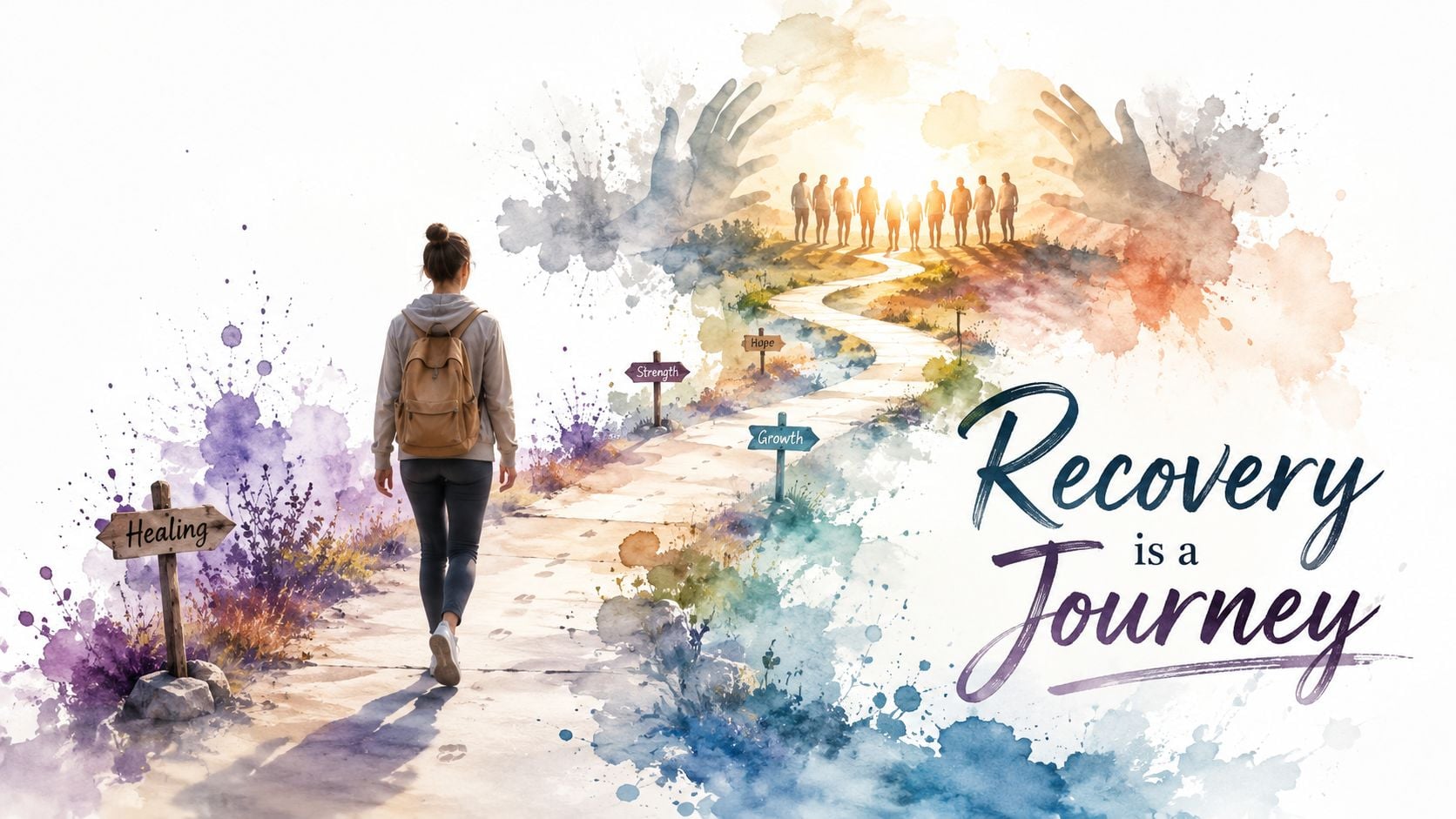A person with a backpack walking down a path towards silhouettes of people under hopeful hands.