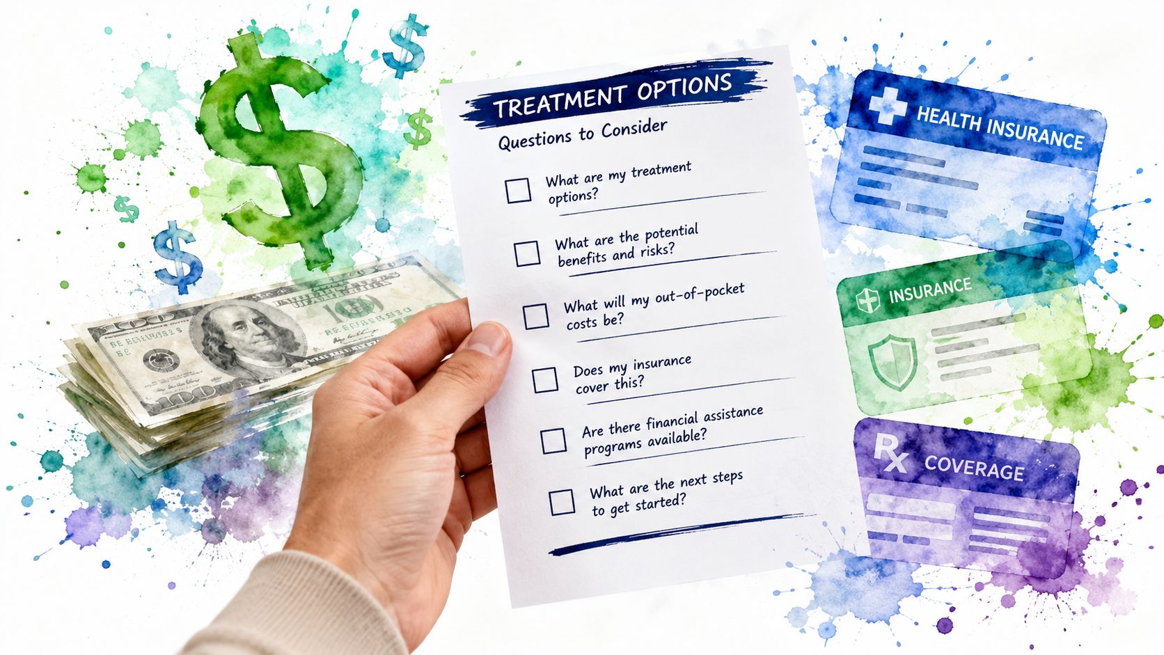 A hand holding a checklist of questions about medical treatment options next to money and insurance cards.