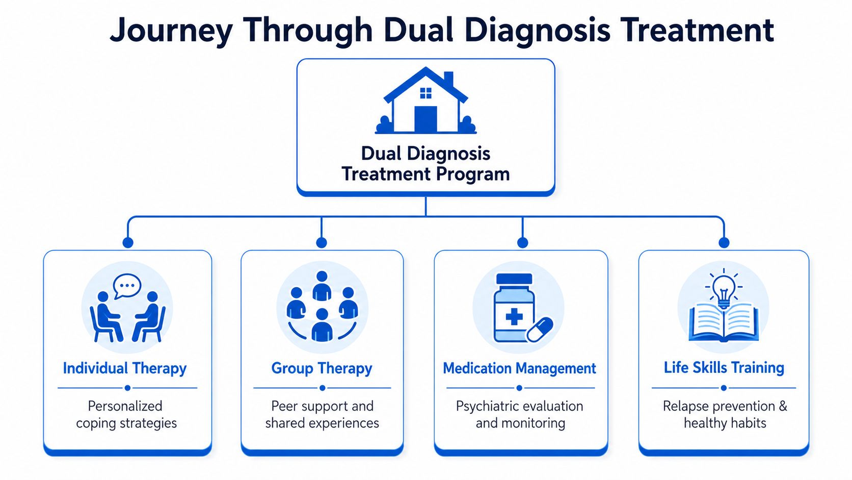 A flowchart showing the components of a dual diagnosis addiction treatment program including various therapy and support services.