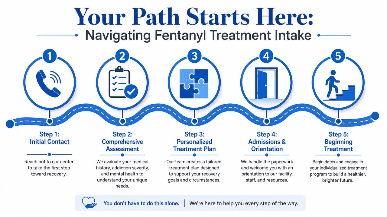 A five-step infographic illustrating the fentanyl addiction treatment intake process from initial contact to beginning treatment.