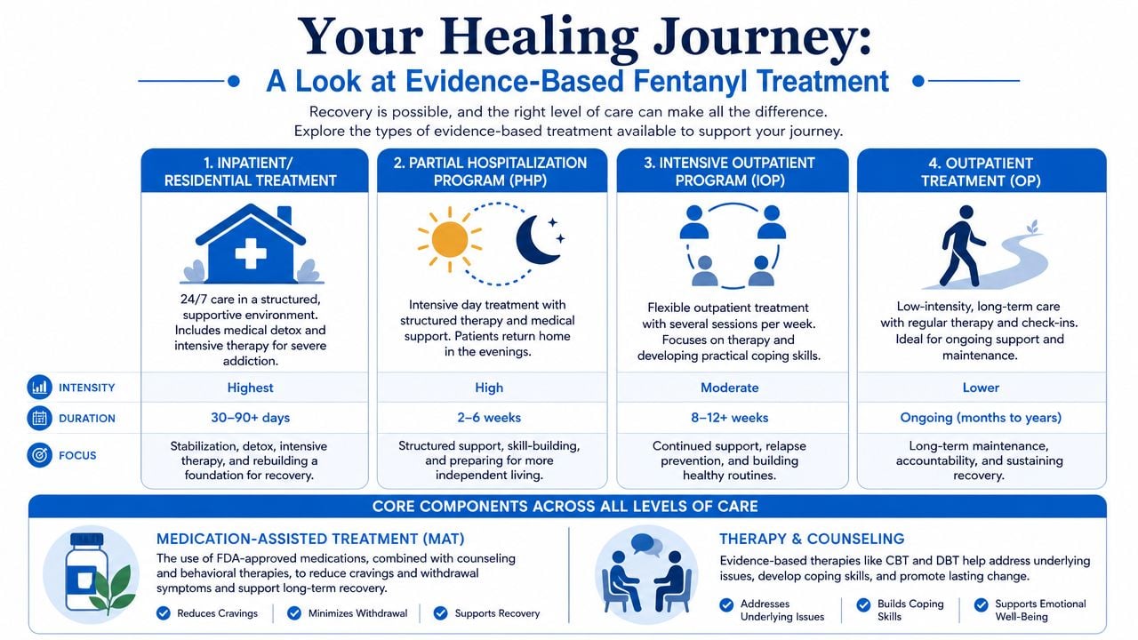 An infographic showing four levels of evidence-based treatment for fentanyl addiction from inpatient to outpatient care.