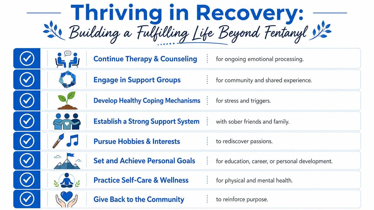 A graphic titled Thriving in Recovery outlining eight steps for building a fulfilling life after fentanyl addiction.