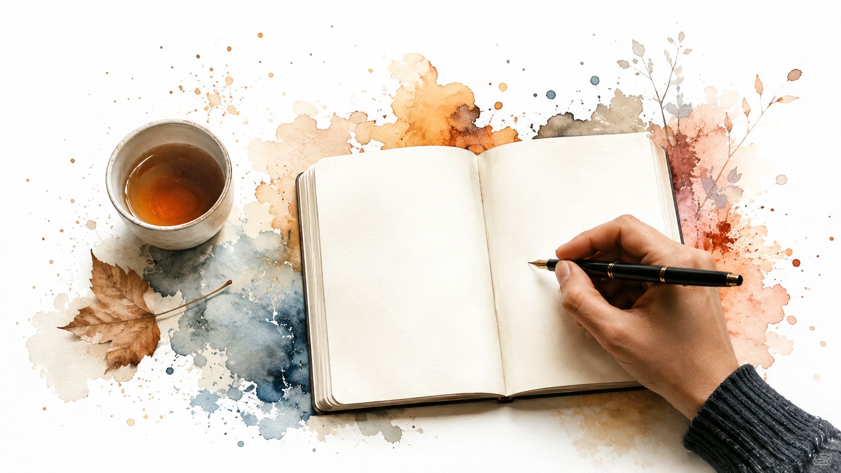 A hand writes in an open journal next to a cup of tea and a fall leaf.