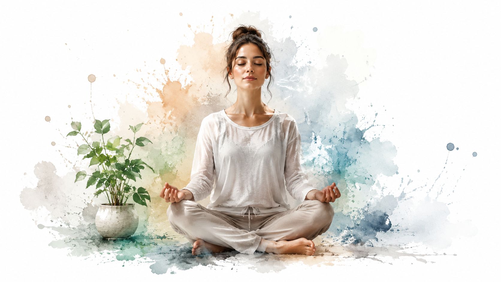 A woman with her hair in a bun practicing mindful meditation while sitting in a lotus pose.