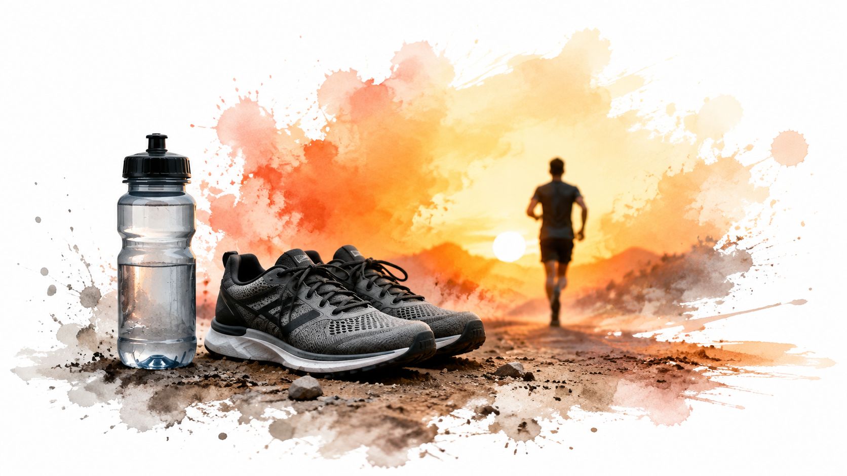 A pair of running shoes and a water bottle placed on a dirt path with a runner silhouette