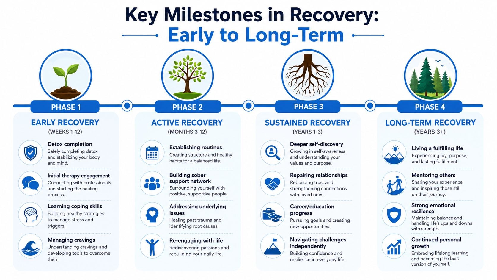 A diagram outlining the four stages of recovery journey from early weeks to long-term sustained growth.