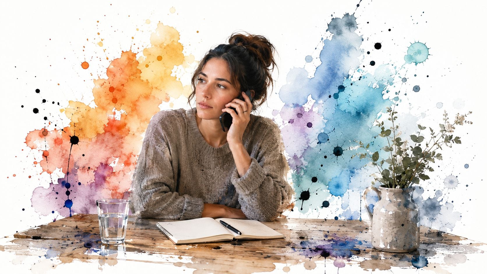 A woman talking on her smartphone while sitting at a wooden table with a notebook and flowers.