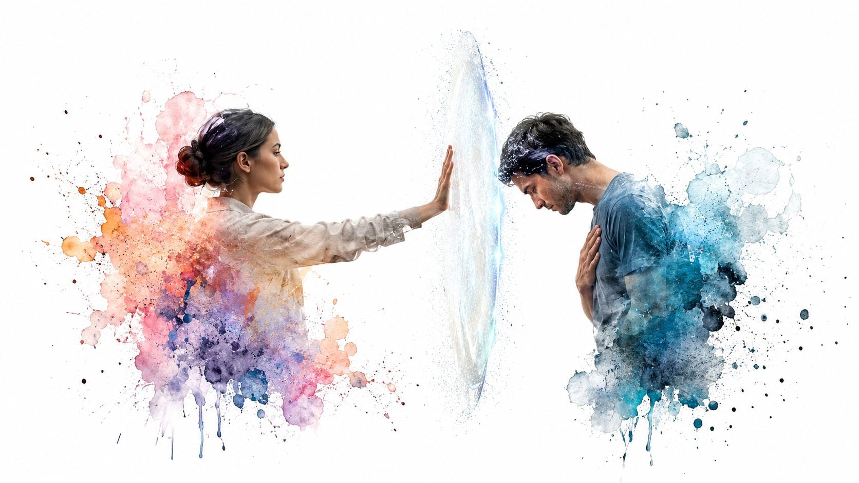 A woman reaching out to touch a glowing portal separating her from a man in emotional distress.