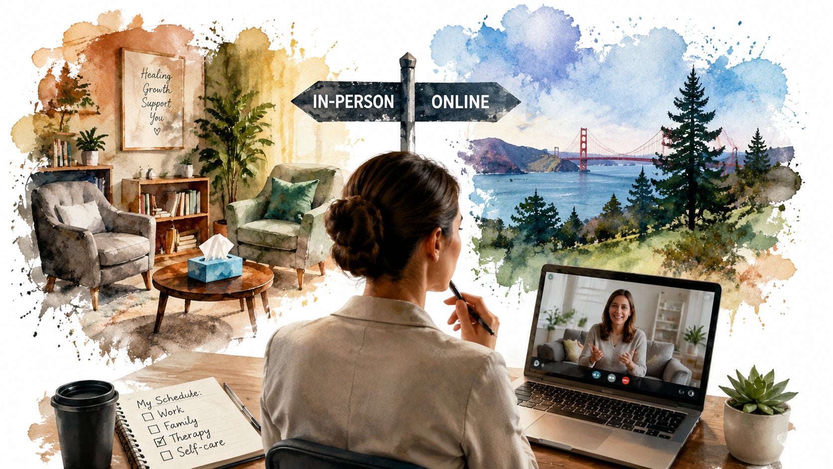 A person choosing between in-person and online therapy sessions while reviewing their schedule on a laptop computer.