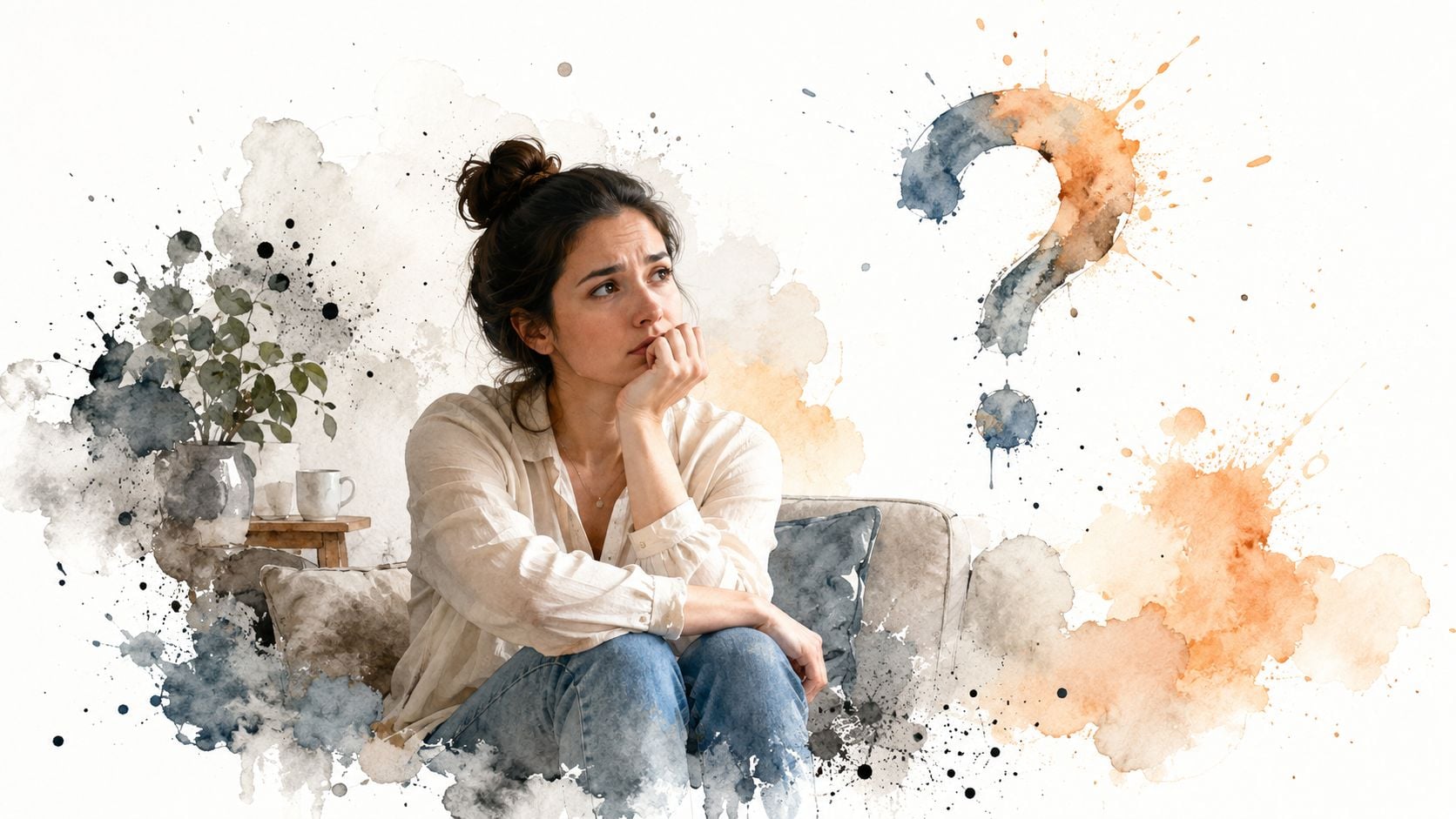 A concerned woman sitting on a couch resting her chin on her hand, thinking about relationship challenges.