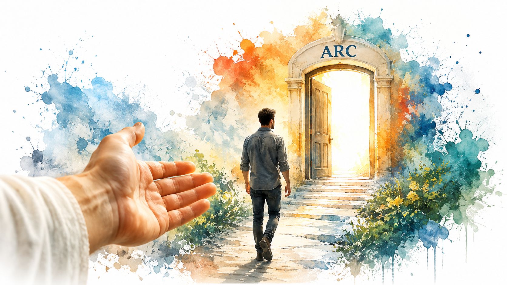 A man walking toward a bright open doorway labeled ARC as a hand reaches out in invitation.