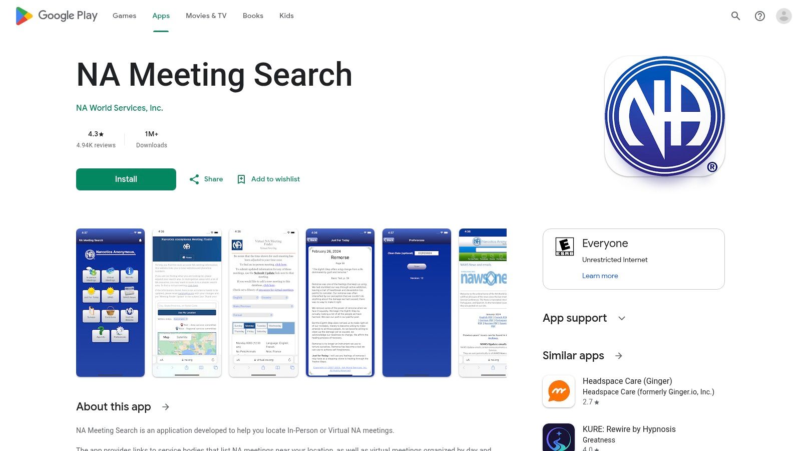 NA Meeting Search mobile app (NA World Services; iOS/Android)