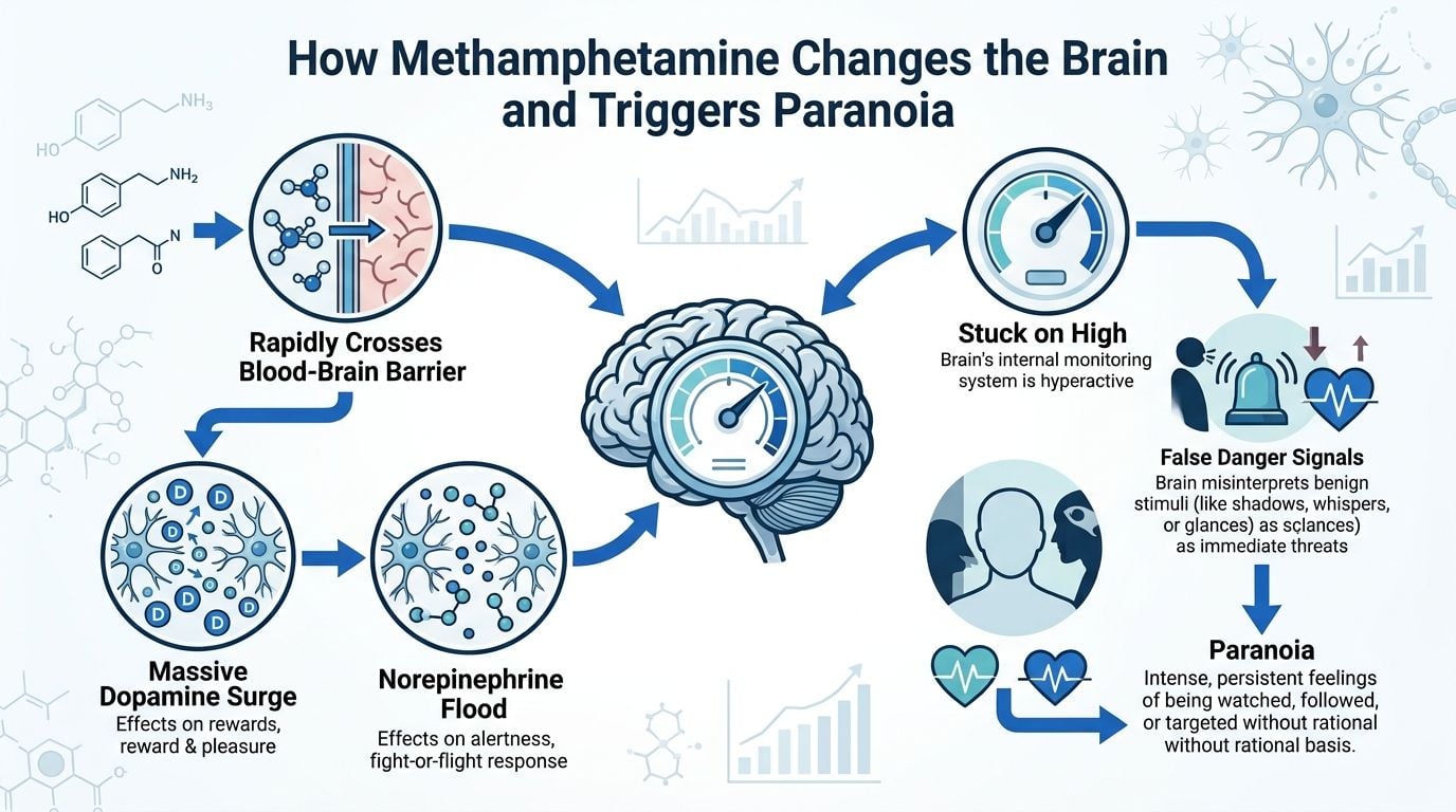 An infographic showing how methamphetamine crosses the blood-brain barrier, triggers dopamine surges, and causes paranoia.
