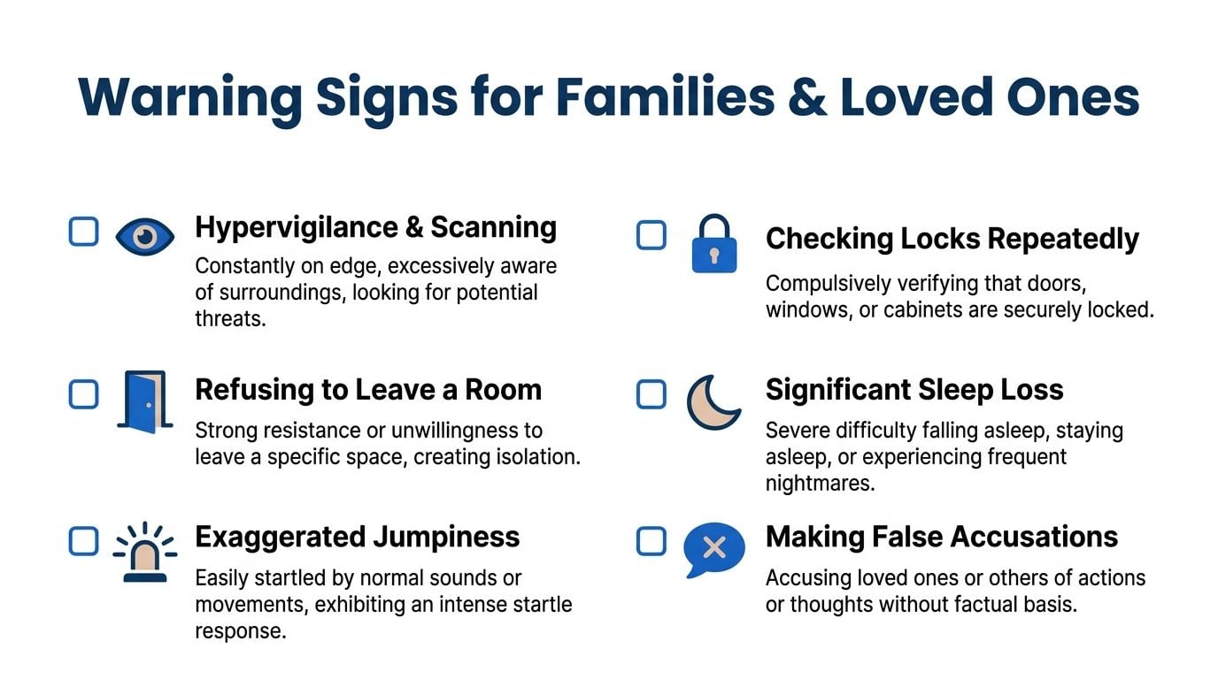 A list of six warning signs for families and loved ones related to paranoia and methamphetamine usage.