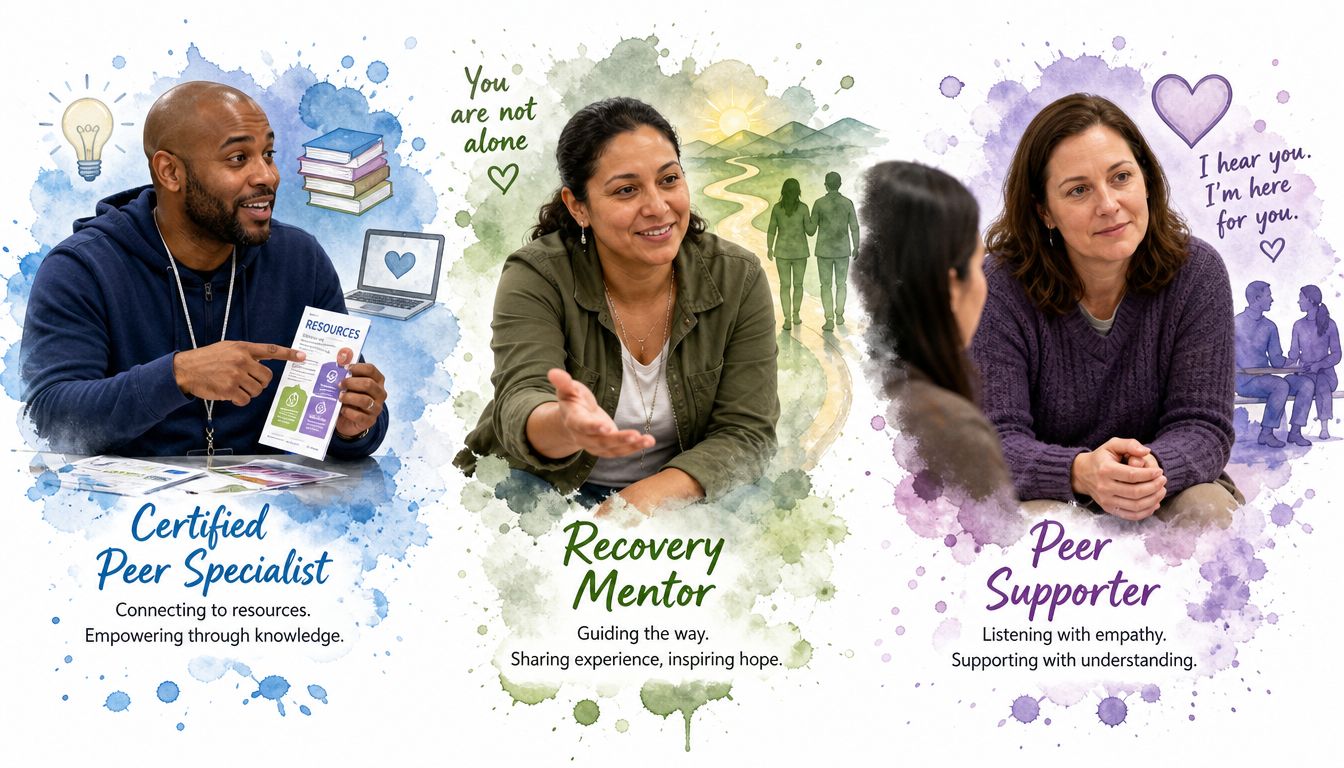 A graphic showing three roles: Certified Peer Specialist, Recovery Mentor, and Peer Supporter, emphasizing empathetic support.