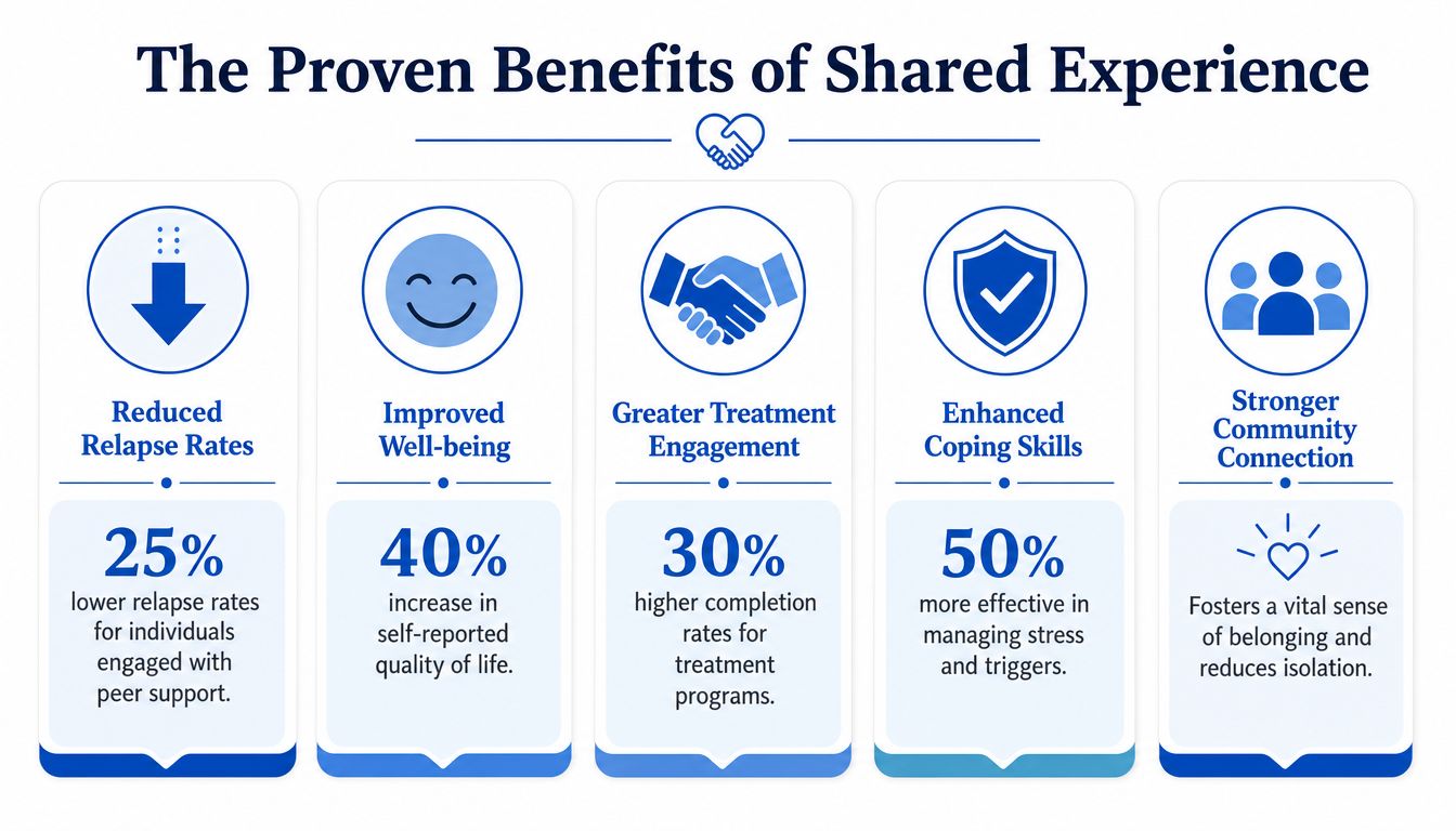 An infographic showing five key benefits of peer support in recovery, including improved well-being and reduced relapse rates.