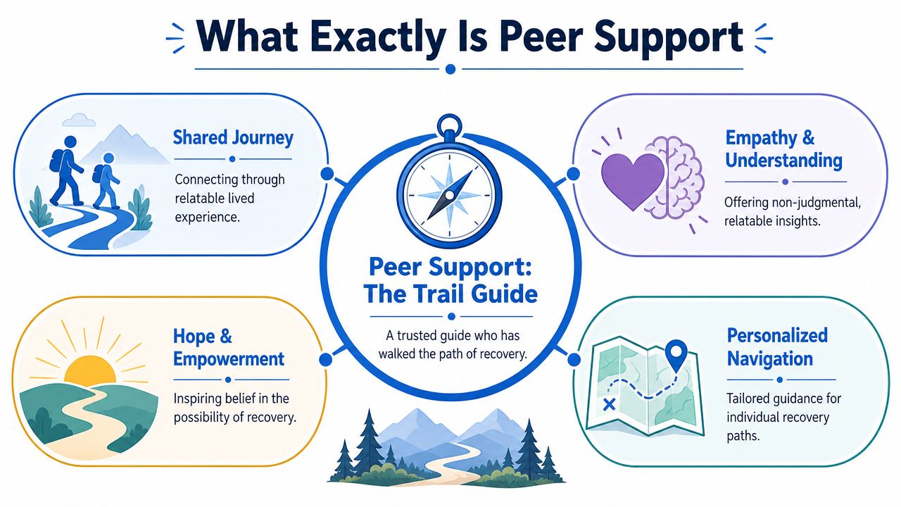 An infographic defining peer support as a trail guide in the recovery process for mental health.