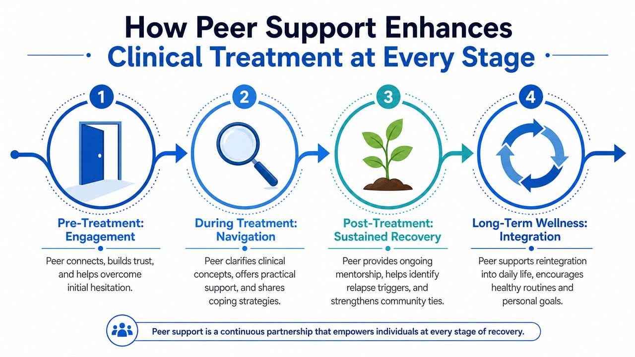 A four-stage infographic explaining how peer support enhances clinical treatment throughout the recovery journey process.