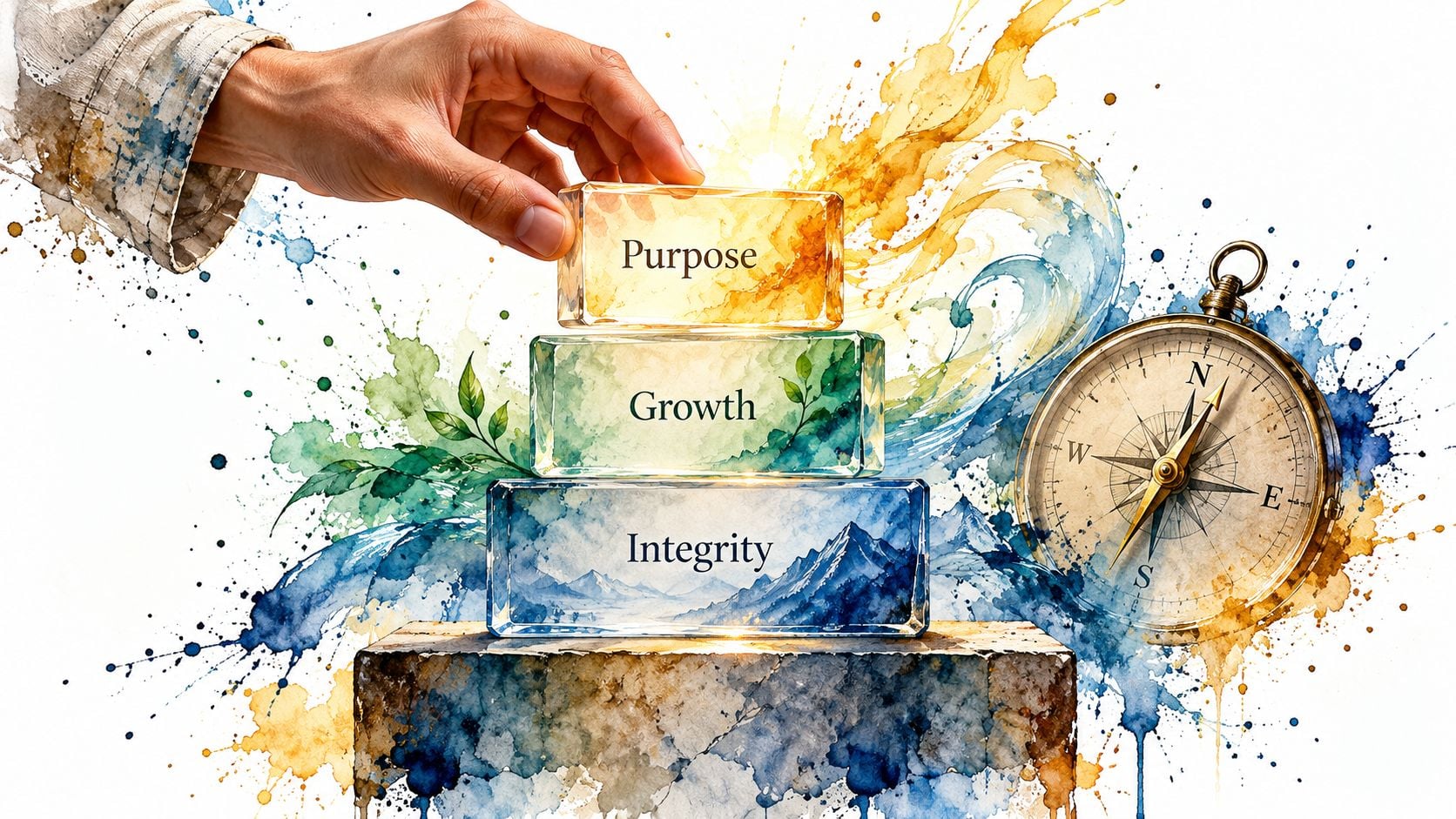 A hand placing a block labeled Purpose atop a stack of blocks representing Integrity and Growth with a compass.