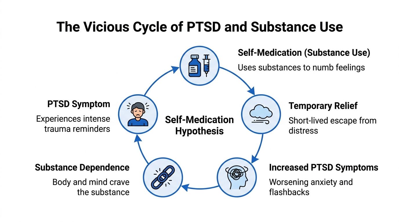A circular diagram illustrating the vicious cycle of PTSD and substance use through the self-medication hypothesis.