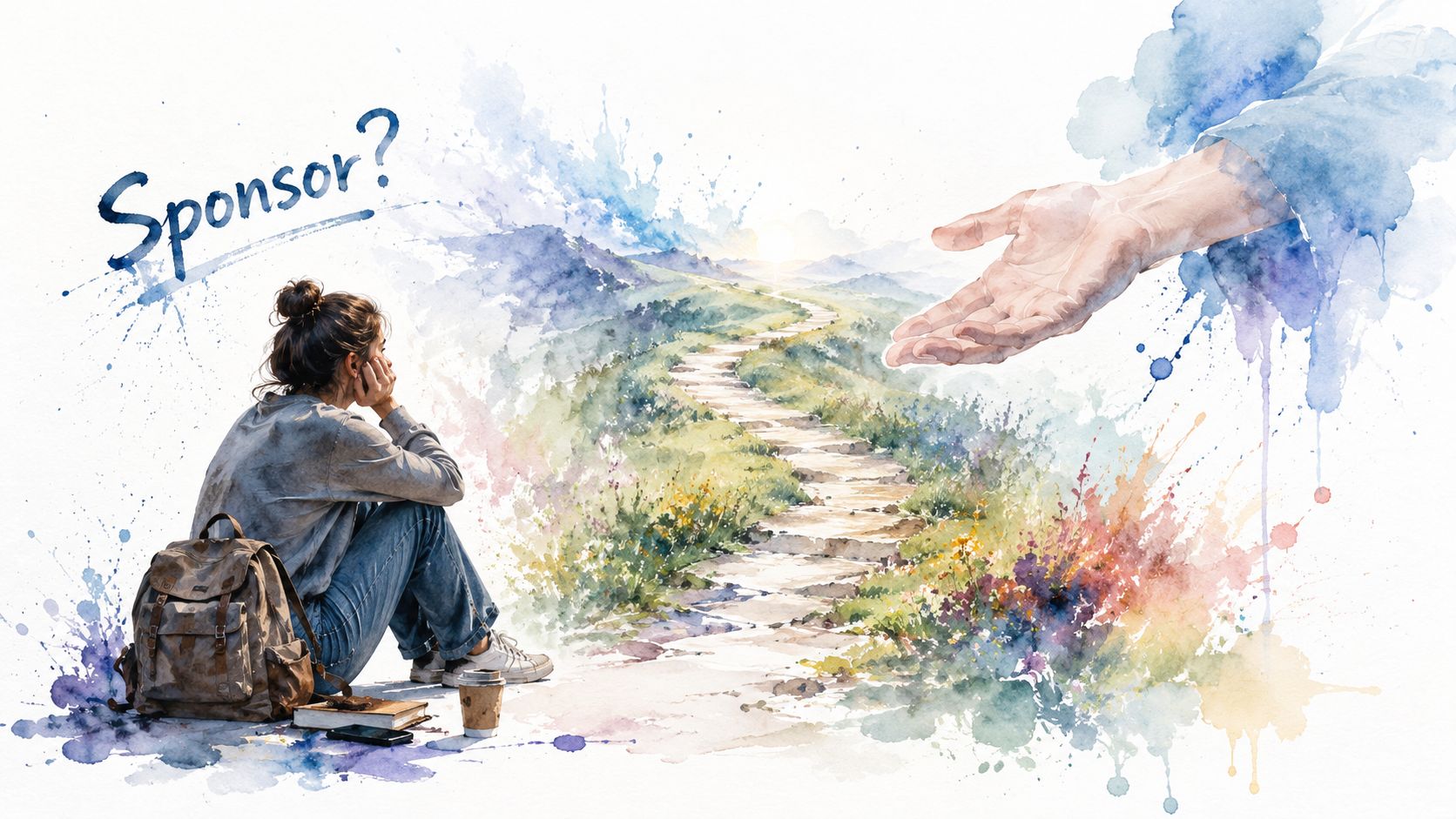 A person sitting with a backpack looking towards a path while a large hand offers assistance.