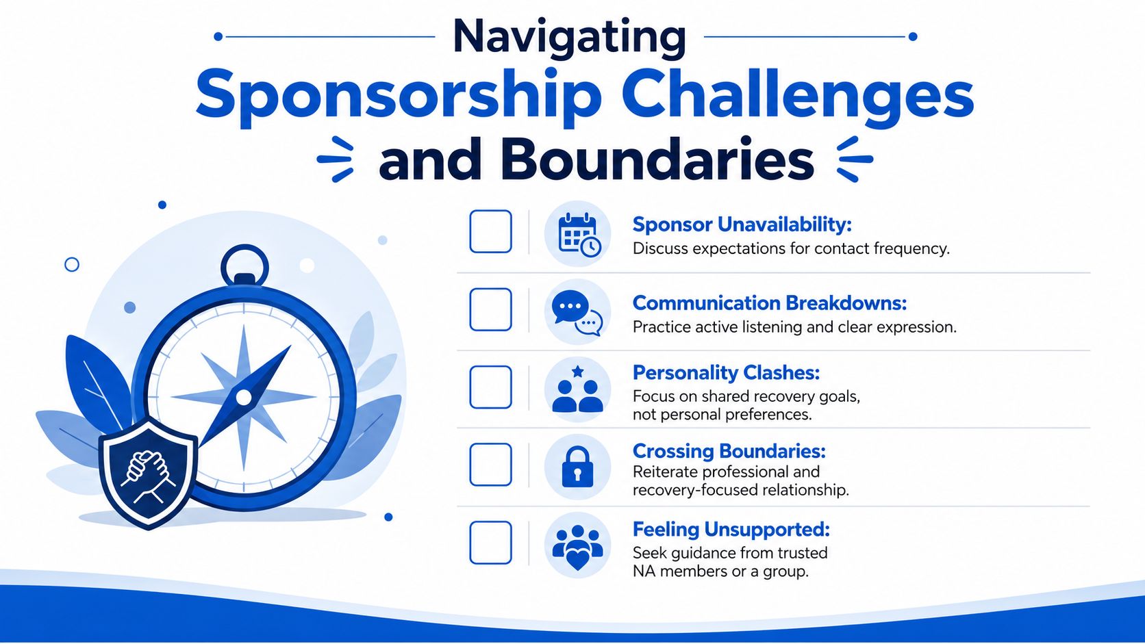 A graphic titled Navigating Sponsorship Challenges and Boundaries, listing five common challenges and solutions for Narcotics Anonymous sponsorship.