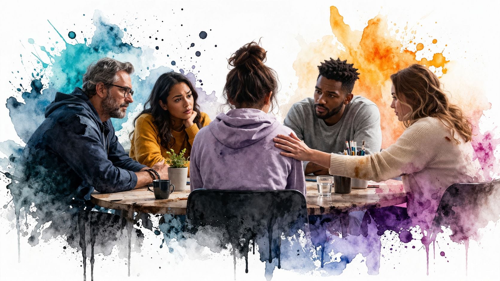 A diverse group of friends provides emotional support to a woman during a thoughtful intervention meeting.