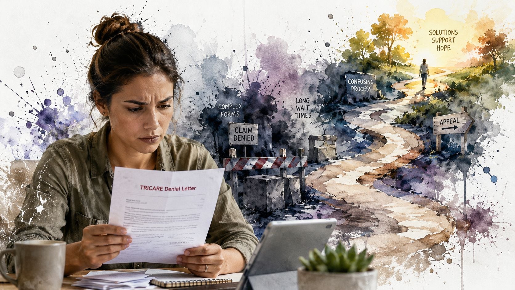 A distressed woman reading a TRICARE denial letter, visualizing the obstacles to drug rehab insurance coverage.