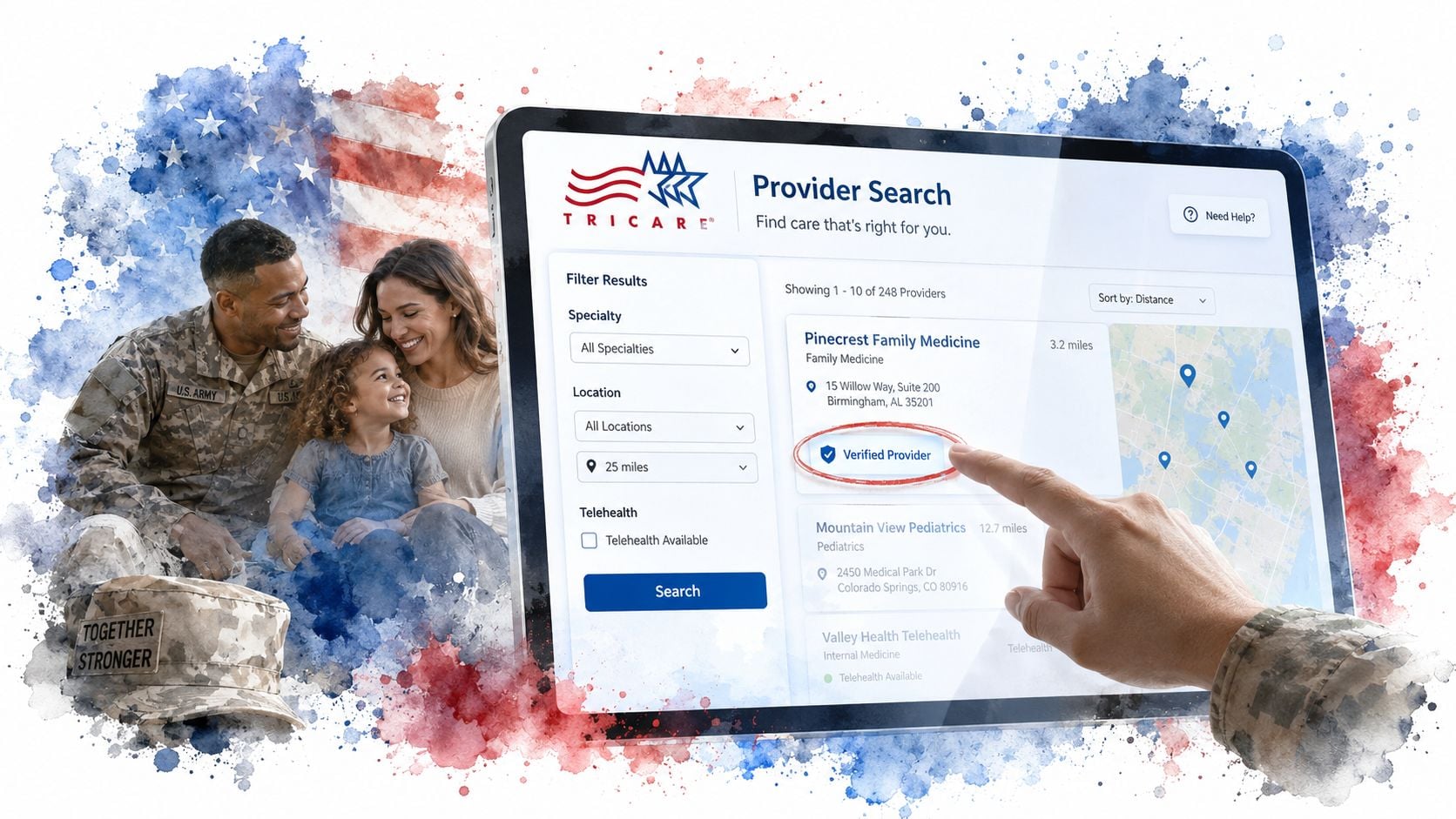 A service member and their family viewing the TRICARE online provider search tool on a digital tablet.