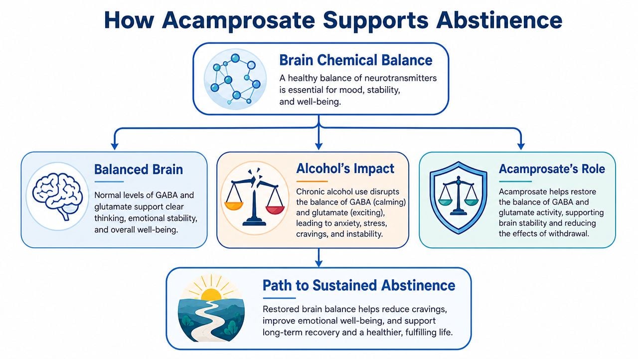 A diagram explaining how acamprosate supports abstinence by restoring neurotransmitter balance in the brain.