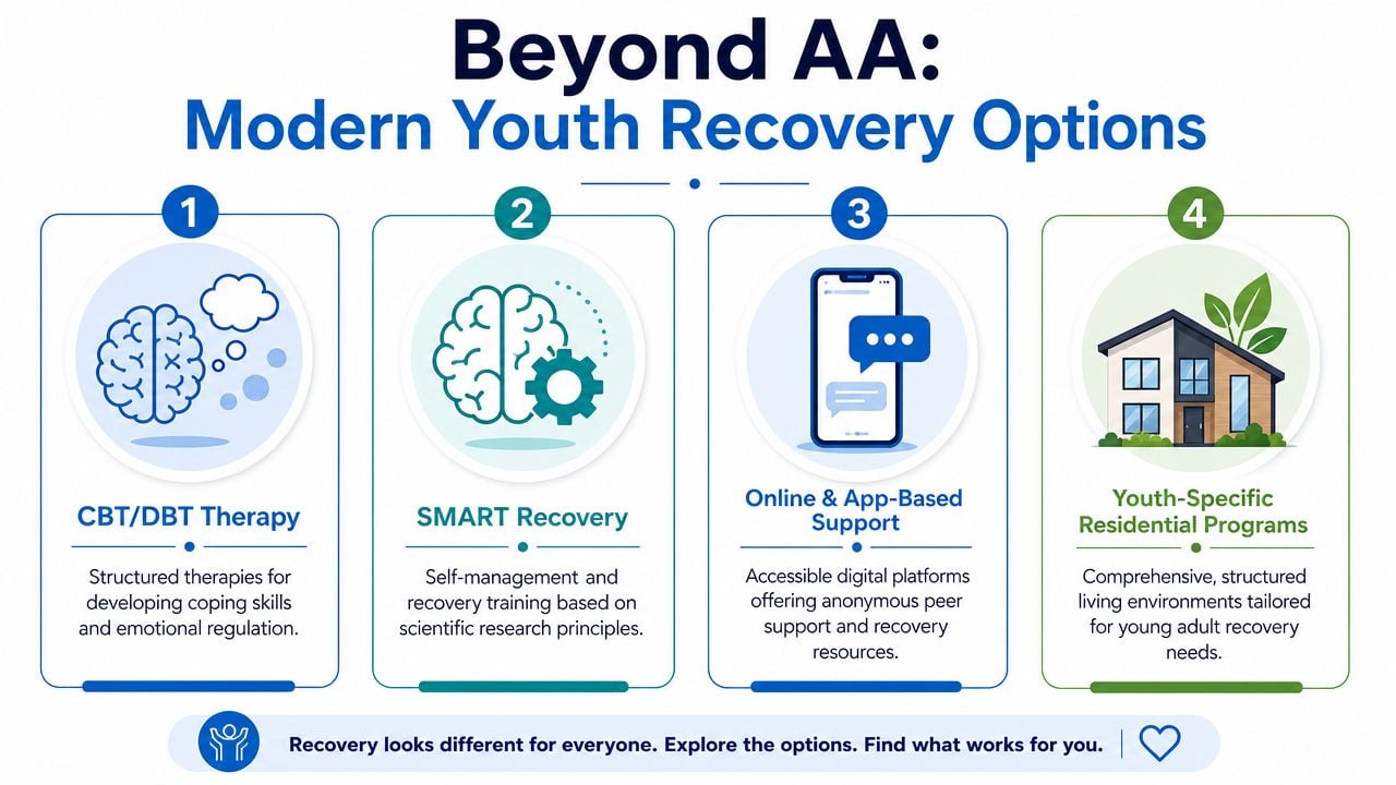 An infographic titled Beyond AA showing four modern recovery options for youth including therapy and residential programs.