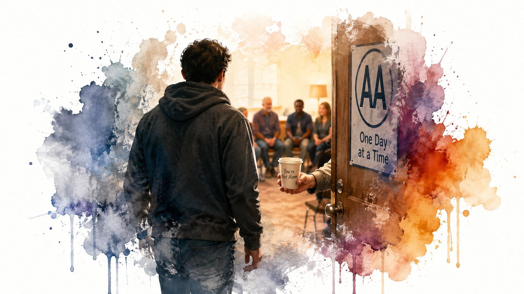 A young man enters an Alcoholics Anonymous meeting room and is offered a coffee, symbolizing community support.