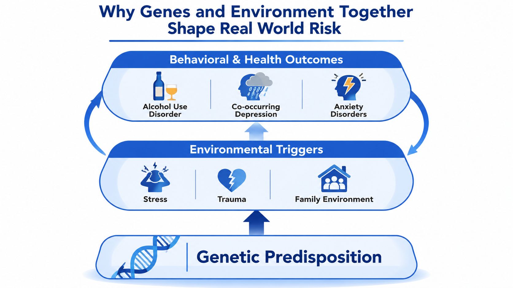 A diagram illustrating how genetics and environmental triggers interact to influence behavioral and health outcomes.