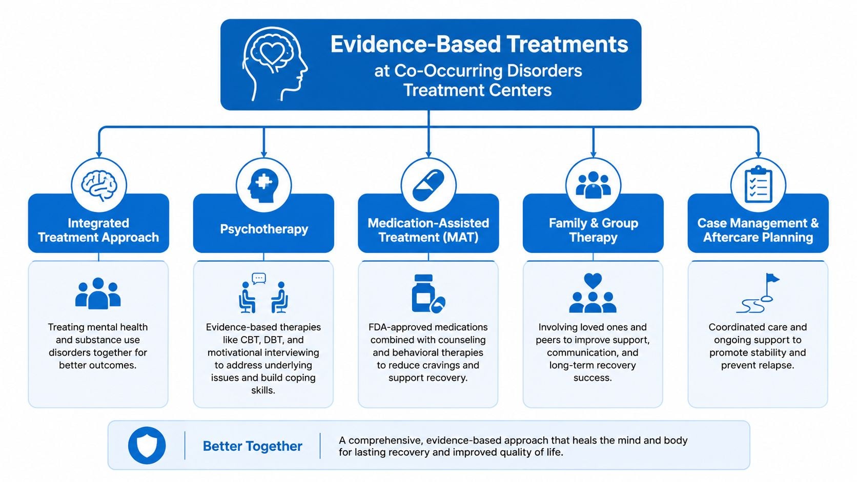 A diagram outlining evidence-based treatments at co-occurring disorders treatment centers including therapy, medication, and integrated care approaches.